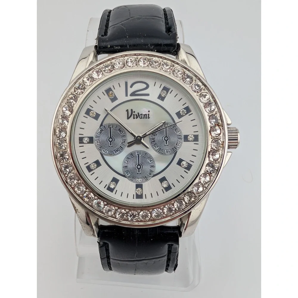 Vivani Watch Women 23mm Silver Tone‎ Case Black Band- New Battery